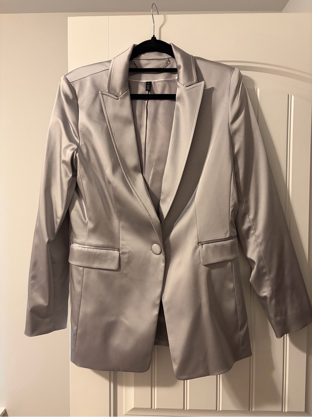 White House Black Market Silver Satin Single-Button Blazer